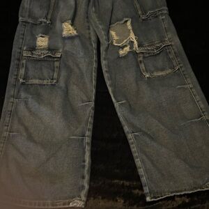SHEIN Teen 14Y Distressed Cargo Jeans in Dark Blue